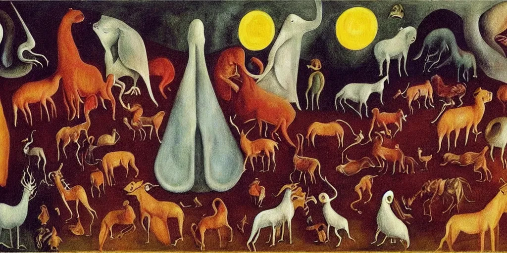 Prompt: disease decimating a global population, animals ruling the world, painting by leonora carrington