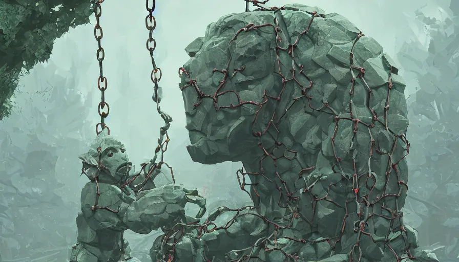 Image similar to stone golem, true evil, covered in ivy, dormant in chains, broken, calling a tiny traveller nearby, sharp focus, james gilleard, cinematic, game art, extremely detailed digital painting, print