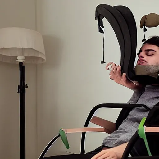 Image similar to a person wakes up sitting on a chair with things attached to his head like a mind reader, screens in front of him playing videos