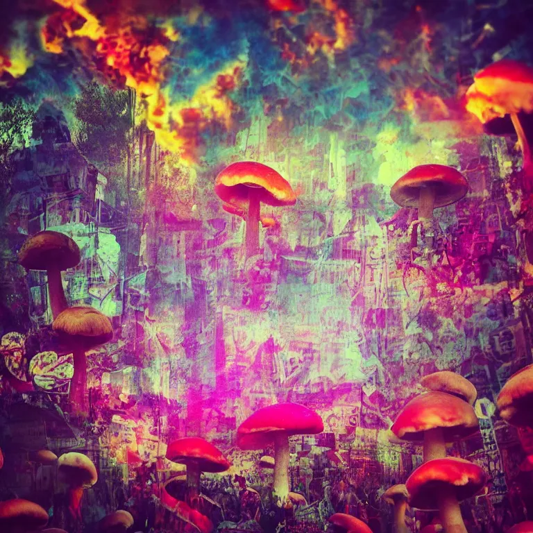 Prompt: double exposure of dally life, symbols of live, explosion, cyber mushroom city, love is the most relevant theme, 8 k resolution, artistic mode, artistic, trending on instagram, long exposure, love art, serious, fantasy and dreams vibes, mushrooms style and macro style, colorful picture, spring vibes