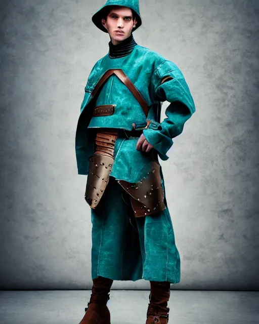 Prompt: an award - winning photo of a male model wearing a plain baggy teal distressed medieval designer menswear cloth jacket slightly inspired by medieval armour designed by raf simons, 4 k, studio lighting, wide angle lens