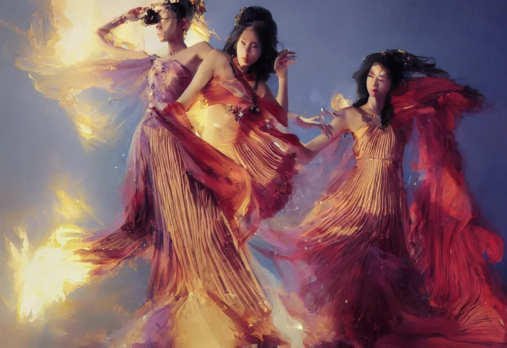 Image similar to full body portrait of a duo of 1 9 years old girl figures, oriental tattoos, jeweled ornament over forehead, subject wearing a pleated high fashion gown, flowing, beautiful, dramatic, cinematic lighting, ultramarine, lemon, fire red, few vivid purple highlights, visible brushstrokes, by greg rutkowski and jeremy mann, artstation, oil on canvas