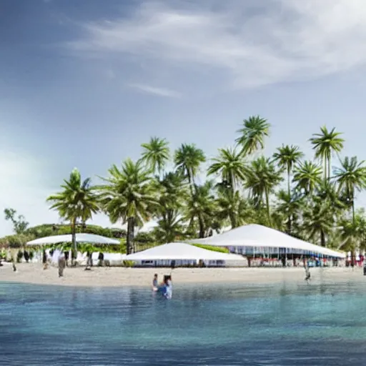 Prompt: architectural renderings, a seaside visitor center consisting of three mushroom - shaped buildings on the blue sea with tall coconut trees ， detailed