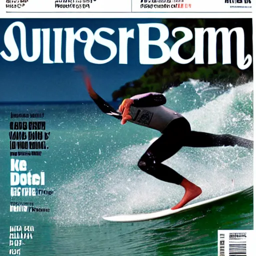 Prompt: mr bean catching a wave, cover of surfer magazine, july 2 0 1 1