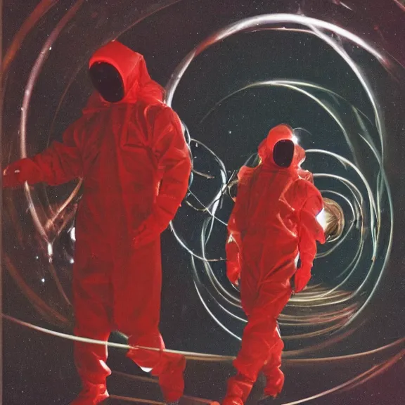 Image similar to two scientists wearing red rick owens hazmat suits in a glowing geometric nebula wormhole tunnel by frank frazetta