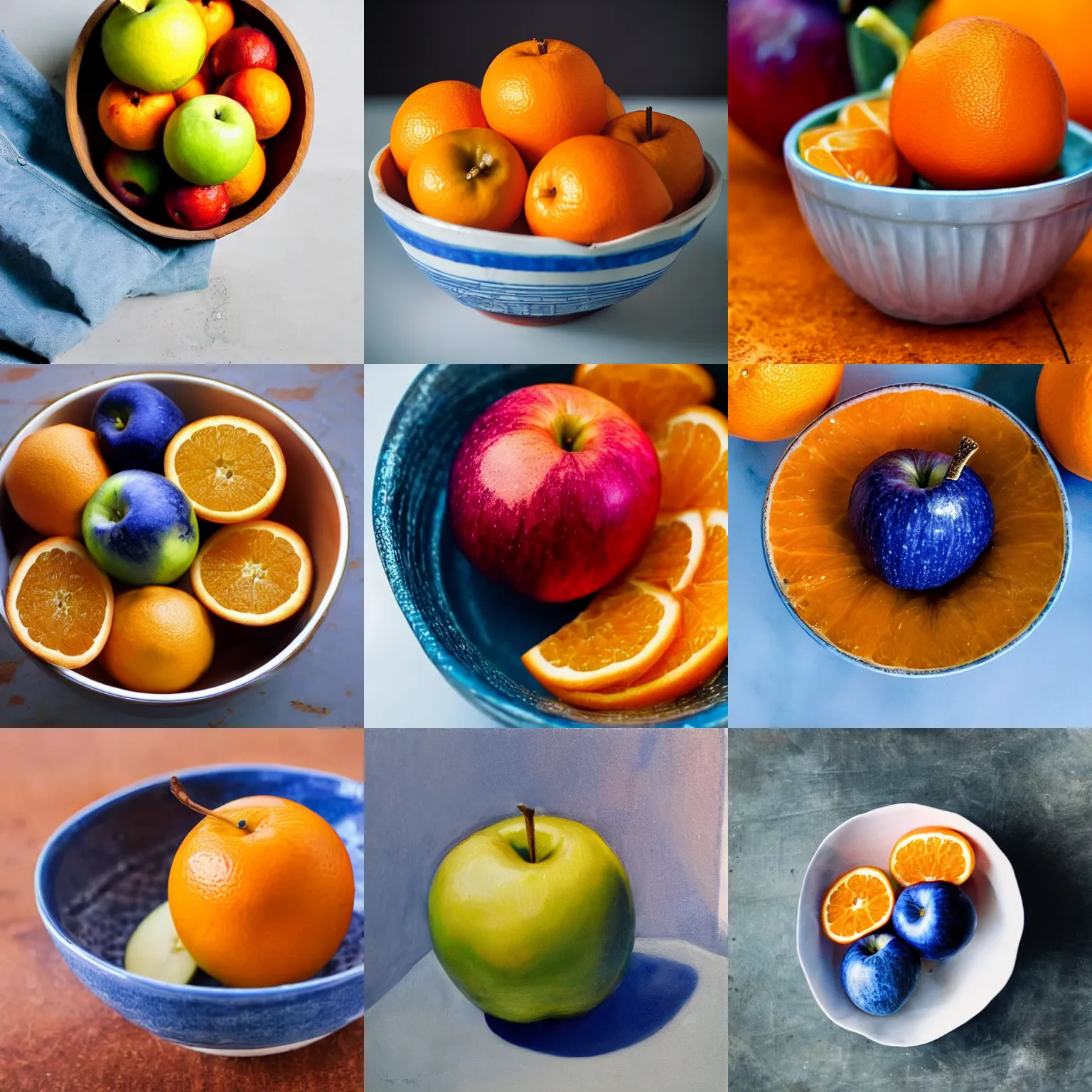 Image similar to a blue apple in a bowl of oranges