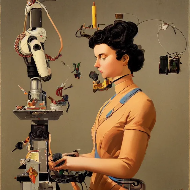 Image similar to robot artist painting a self - portrait on a canvas. intricate, highly detailed, digital matte painting, in the style of alexandros pyromallis, and in the style of sachin teng, and in the style of hans thoma, and in the style of gil elvgren. irony, recursion, inspiration, art deco.