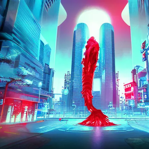 Image similar to a surreal 3 d octane render light tracing scene of a futuristic tokyo at night and a huge red water beast made of bones and muscle and blood is engrossing half the city. award winning trending on art station pixar lisa frank