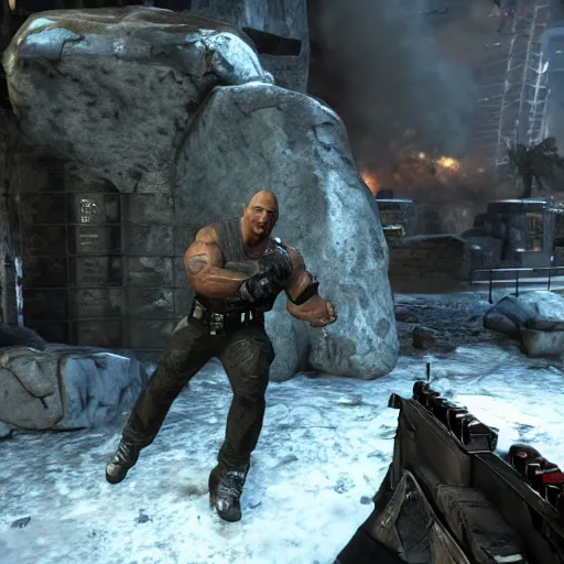 Image similar to dwayne the rock johnson, dwayne the rock johnson in the call of duty zombies map tranzit, black ops 2 tranzit, screenshot