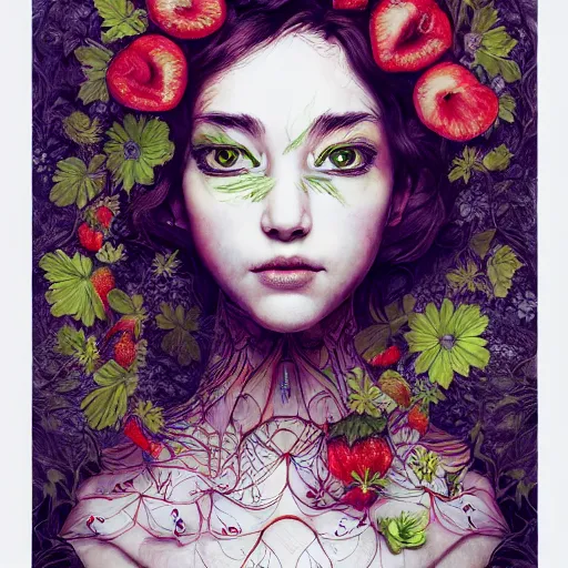 Image similar to the portrait of an absurdly beautiful, graceful, elegant, chaste, young woman made of strawberries and green petals looking up, an ultrafine detailed illustration by kim jung gi, irakli nadar, intricate linework, bright colors, octopath traveler, final fantasy, angular, unreal engine 5 highly rendered, global illumination, radiant light, detailed and intricate environment