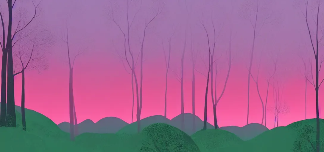 Image similar to a forested landscape, large hanging tree canopies, pink light on the horizon, mountains, vast foliage, by eyvind earle, volumetric lighting, flat color