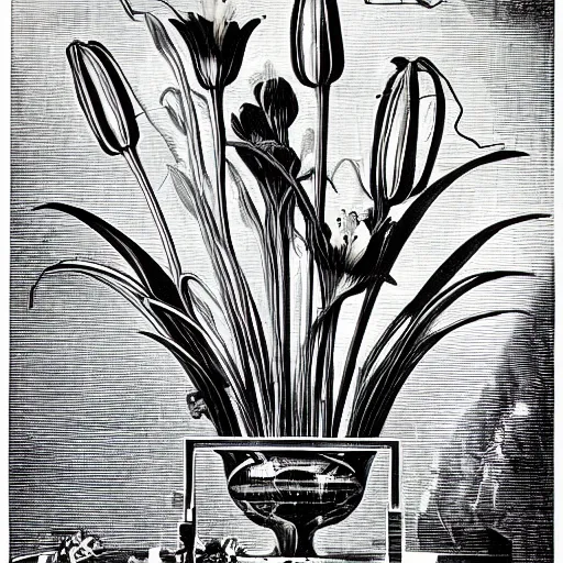 Prompt: arrangement of lilies in futuristic! vase, style of gustave dore!! woodcut, architectural digest