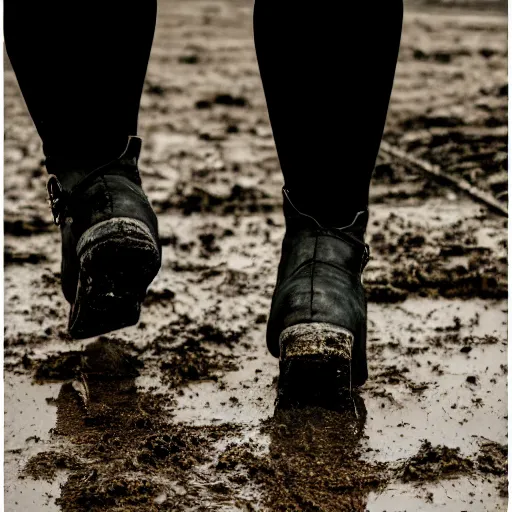 Prompt: a woman in chunky platform boots walking on a muddy road, canon EOS 1000D