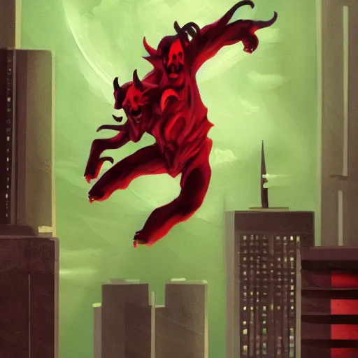 Prompt: creepy satanic goat humanoid creature jumping from skyscraper to skyscraper, creepy painting, night time, red eyes, beautiful, amazing, Tokyo, trending on artstation,”