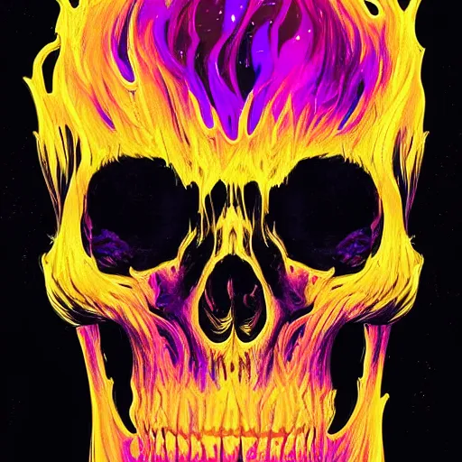 Prompt: fire skull inspired by René Laloux,Dan Mumford,crystal crown, paint dripping effect,ivy,overgrown
