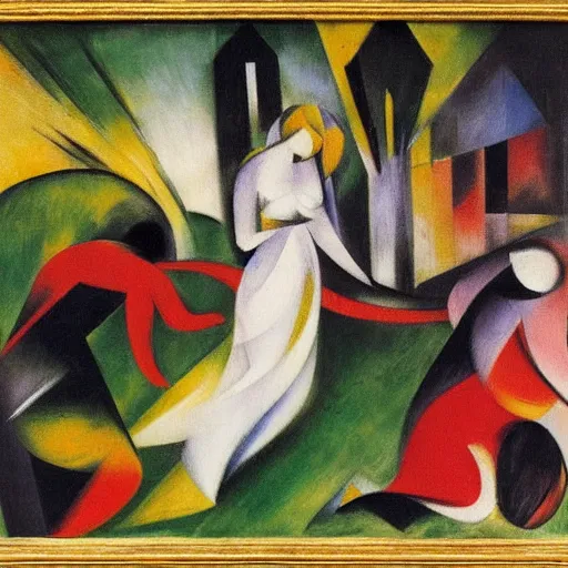 Prompt: bride falls over, oil painting by franz marc