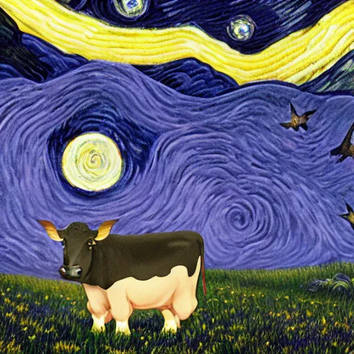 Image similar to a detailed matte painting of a cow wearing a witch hat, viewed in profile, glowing moths and fog in the background, starry night, black and blue color scheme with gold highlights, in the style of discworld and harry potter, 8 k