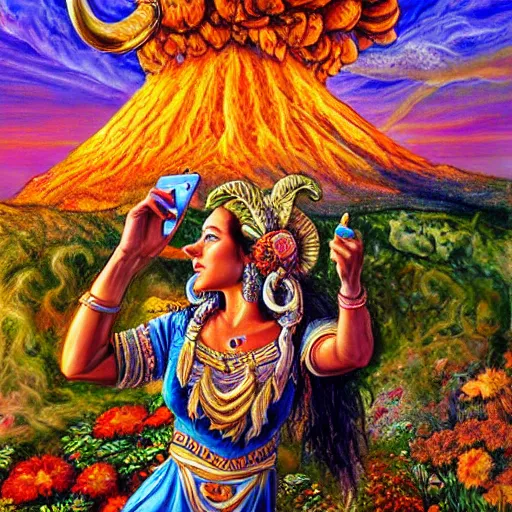 Image similar to horned ram goddess, checking her cell phone, painting by josephine wall, erupting volcano in distance, sunset, flowers in foreground, zodiac, fantasy acrylic on canvas, intricately detailed, highly detailed, high resolution, hdr, 8 k, by senior concept artist, trending on artstation