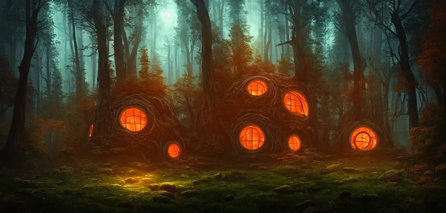 Image similar to random scary forest house landscape, big round glowing multicoloured portal house, central symmetrical composition, incredible, vector art, octane render, fabulous, hyper detailed, random cinematic view, no noise, global illumination, warm lighting, volumetric, godrays, vivid, beautiful, by jordan grimmer