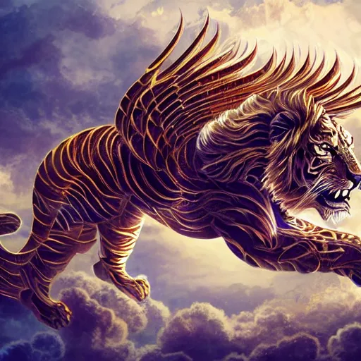 Prompt: the ancient world, hyper complexity, highly detailed, cinematic lighting, pastel colored sunrise, flying robotic tiger with gold metal huge wings on its back in the cloudy sky, sharp outlines, complete whole lion body, another sleeping tiger face in the clouds watching each other, hyperrealistic, trending on pixiv fanbox, love death robot,