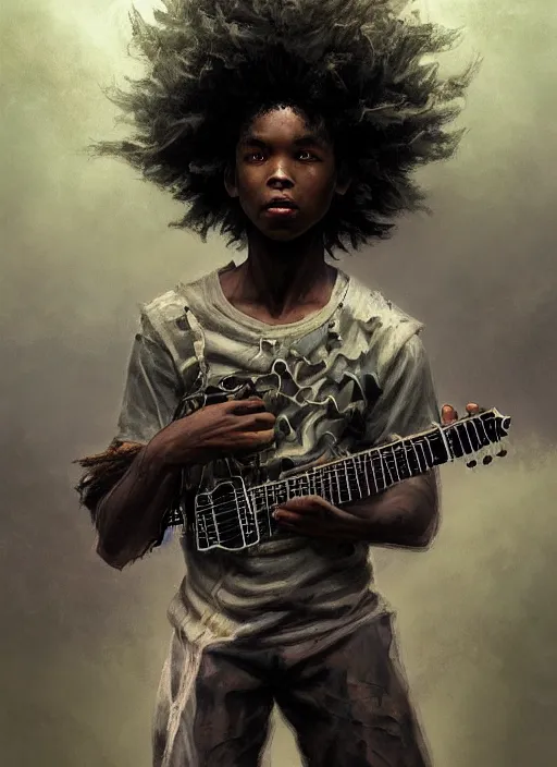 Prompt: fantasy changeling black kid with long curly hair playing electric guitar, half half, dim light, front game card, marvel comics, dark, intricate, highly detailed, smooth, artstation, digital illustration by ruan jia and mandy jurgens and artgerm and wayne barlowe and greg rutkowski and zdislav beksinski