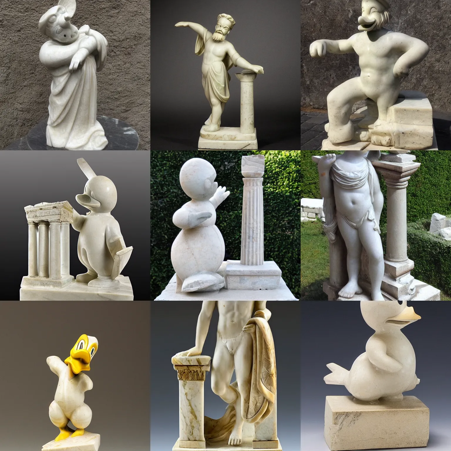Prompt: an antique marble statue of donald duck, greek temple, statue