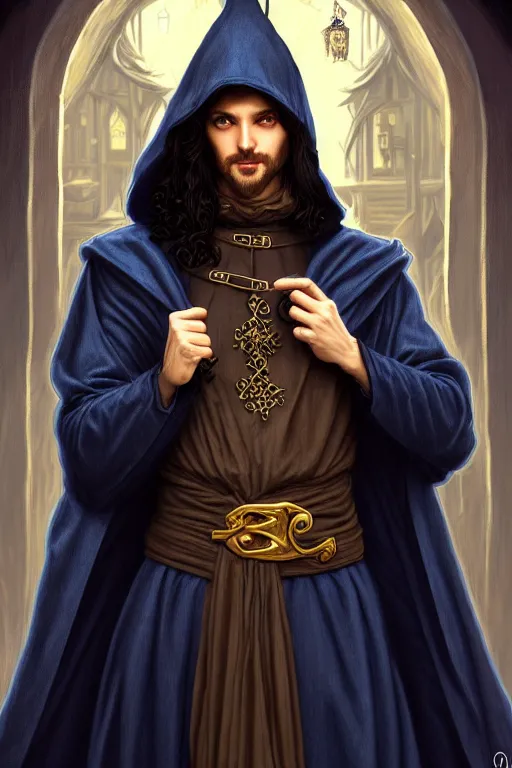 Prompt: handsome male mage the sandman in a tavern, long black hair blue eyes wearing cloth mantle gothic navy cloak with gold details, tree town, fantasy character portrait, ultrarealistic, intricate details, elegant, cinematic lighting, highly detailed, artstation, cgsociety, sharp focus, beautiful digital painting by artgerm, gerald brom, wlop, alphonse mucha