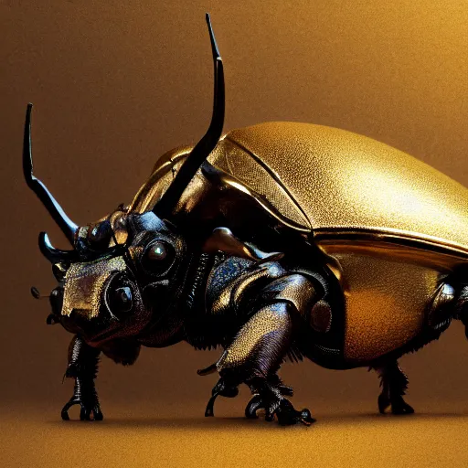 Prompt: Very high detailed rhinoceros beetle made of gold and metal standing on a carbon fiber background, big horn, robotic, nature, symmetrical, Greg Rutkowski, Charlie Bowater, Beeple, Unreal 5, hyperrealistic, dynamic lighting, fantasy art