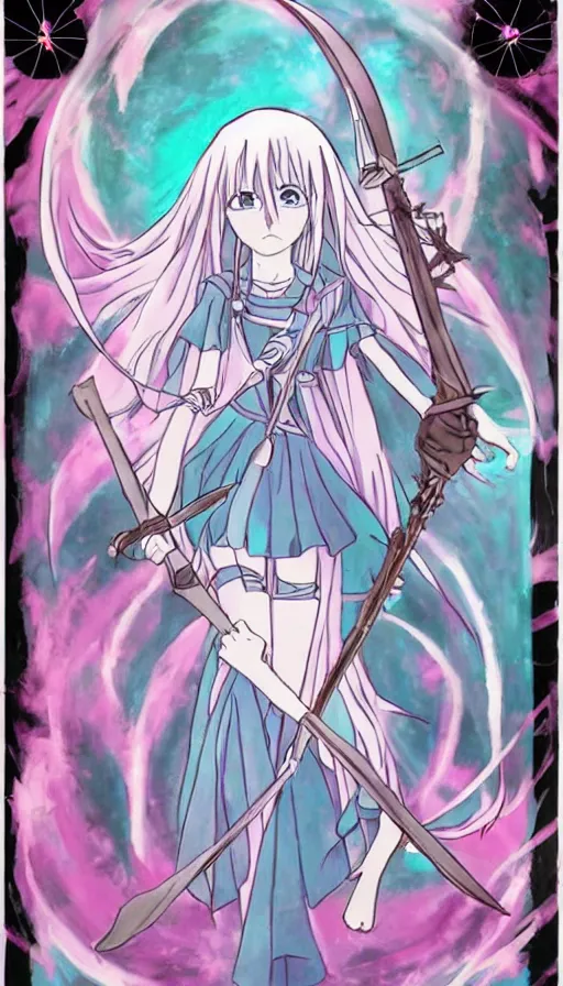 Prompt: a beautiful link drawing of the being death as a cute anime girl with a giant scythe from a studio ghibli film inspired by the death tarot card, dark vibes, pastel colors