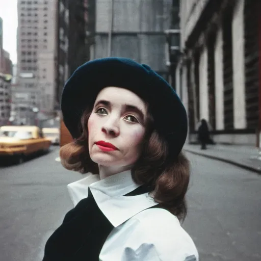 Image similar to medium format film candid portrait of a woman in new york by street film photographer, 1 9 6 0 s, woman portrait featured on unsplash, photographed on colour expired film