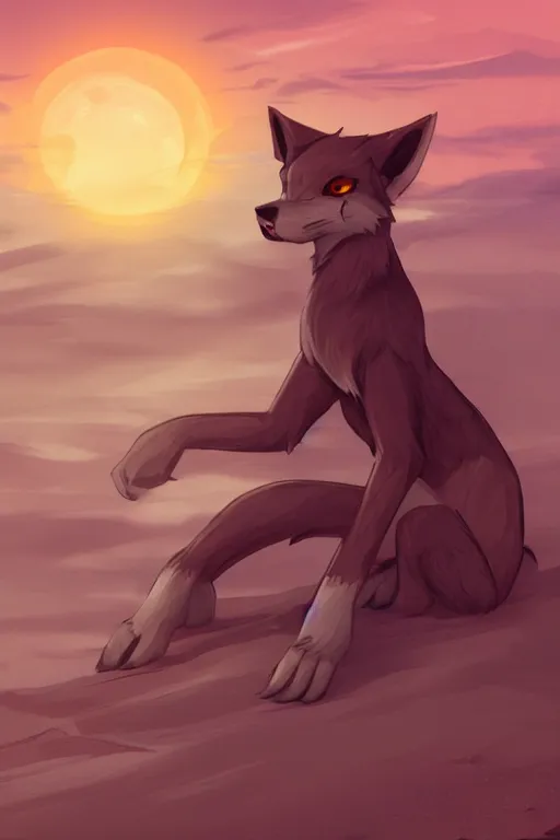 Prompt: anthropomorphic wolf fursona sitting in sand lit by the sunset, furry art, trending on artstation, digital art, kawacy, trending on furaffinity