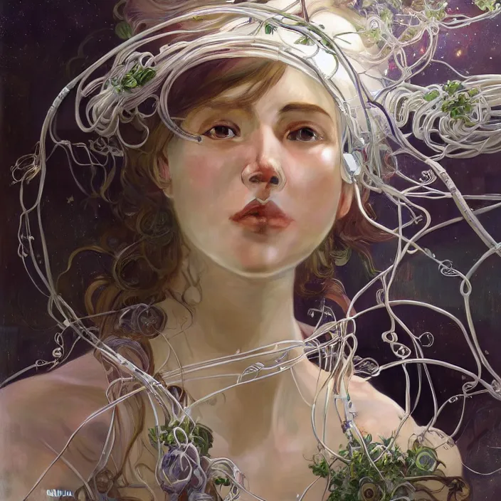 Image similar to hyperrealist portrait of a 2 0 4 4 space sport engineer, it is decorated with long wires and white petals that fall like vines and wears a huge computer crown. by jeremy mann and alphonse mucha, fantasy art, photo realistic, dynamic lighting, artstation, poster, volumetric lighting, dramatic light, very detailed faces, 8 k, award winning