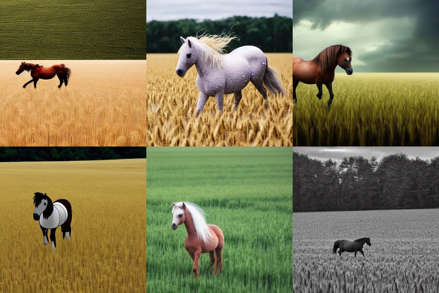 Prompt: A pony is walking through a field of wheat and it is raining