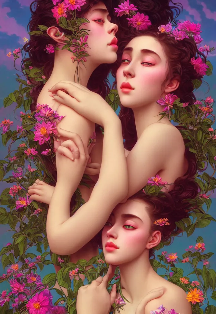 Image similar to young beautiful women, siamese twins, gorgeous face, vaporwave aesthetic, synthwave, colorful, psychedelic, artstation, flowers, bees, full - body, gown, smooth, extremely sharp detail, finely tuned detail, 8 k, unreal engine 5, ultra sharp focus, illustration, art by artgerm and greg rutkowski and alphonse mucha