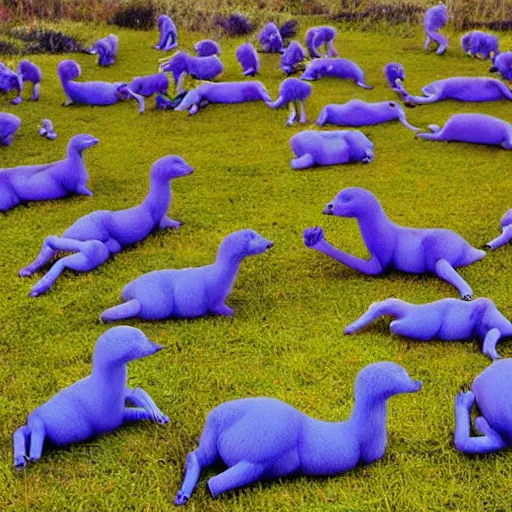 Image similar to A beautiful art installation of a group of creatures that looks like a mix of different animals. Most of the creatures have human-like features, such as arms and legs, and some are standing upright while others are crawling or flying. flax, blue hour by Pipilotti Rist geometric