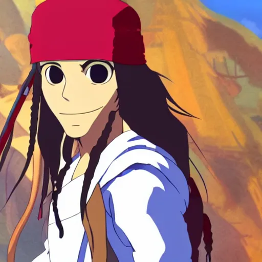 Image similar to Jack Sparrow as an anime character from Studio Ghibli. Beautiful. 4K.