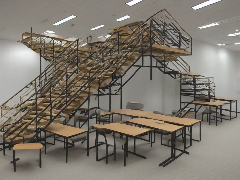 Image similar to 9 0 s cubicle office with stairs made of tables chairs fractal