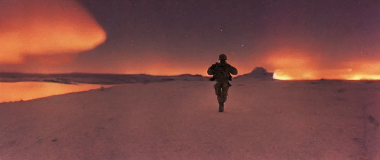 Prompt: a high quality color creepy atmospheric dimly lit extreme closeup film 3 5 mm depth of field photograph of a us soldier frantically running away from a huge explosion in mcmurdoch station in antarctica in 1 9 8 2 with the aurora borealis in the sky at night