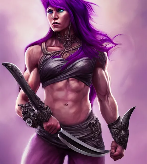 Image similar to muscular female warrior holding hilt of dagger, perfect face, diadem, neon tattoos, black halter top, purple hair, abs, cinematic, blush, stunning, athletic, strong, agile, highly detailed, psychedelic, digital painting, artstation, smooth, hard focus, illustration, art by jessica rossier and and brian froud