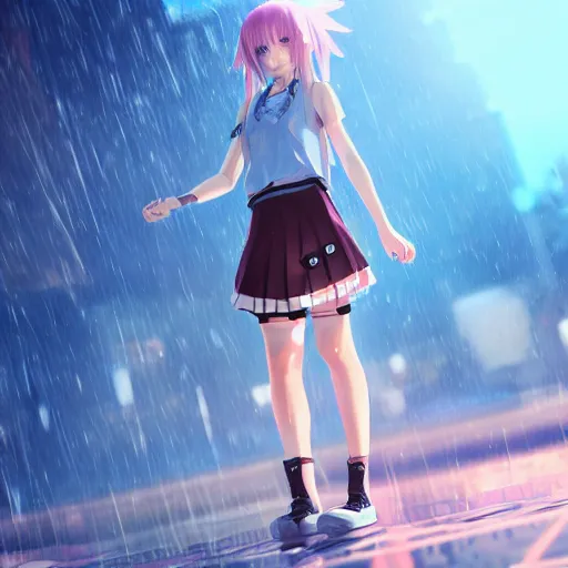 Prompt: beautiful anime girl in the style of a modern 3d game, wearing a skirt and a tanktop, perfect body, standing in the rain, high quality anime art, trending on artstation, 8K octane render, wallpaper