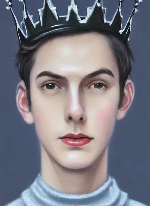 Image similar to portrait of teenage jughead jones wearing a light grey crown, crown, blue turtleneck, 1 9 5 0 s, closed eyes, photorealistic, black hair, glowing lighting, intricate, elegant, glowing lights, highly detailed, digital painting, artstation, concept art, smooth, sharp focus, illustration, art by wlop, mars ravelo and greg rutkowski