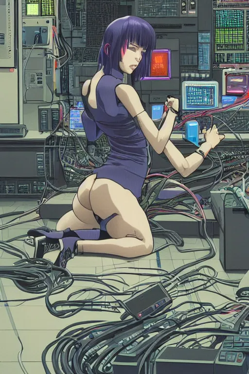 Prompt: hypedetailed cyberpunk illustration of motoko kusanagi kneeling on the floor in a tech lab, with a mess of wires and cables coming out of her head and backside, by masamune shirow and katsuhiro otomo, colorful, complex, back view