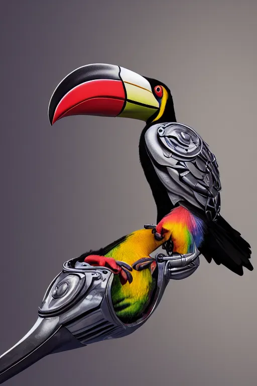 Prompt: a telephoto of a cyborg toucan, dynamic pose, chrome parts, glowing power source, intricate details, intricately detailed textures, warm lighting, vivid colors, realistic octane render, hyper realistic render, volumetric shading, depth of field, raytracing, 8 k,