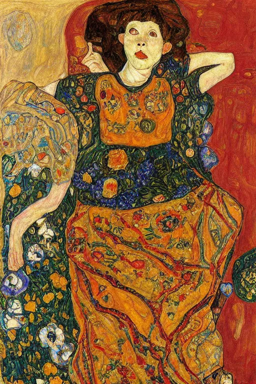 Image similar to girl waer detailed golden arabesque dress with a lot of flowers in persian pot, painting by egon schiele