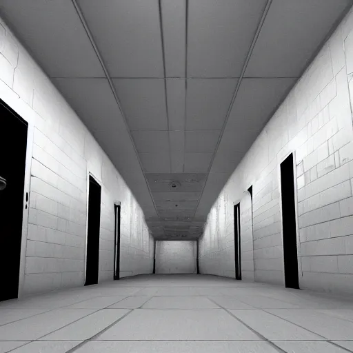 Prompt: holding cells in underground lab, sterile, clean, cinematic, liminal space, unreal engine, in-game screenshot, cctv footage, black and white, blurry