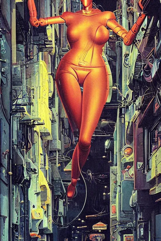 Prompt: a highly detailed retro futuristic female manikin made out of pasta standing in a dank alleyway from blade runner, a robot made out of pasta, arms made out of spaghetti, body made out of macaroni, beautiful highly symmetric face, painting by Peter Andrew Jones and Greg Hildebrandt