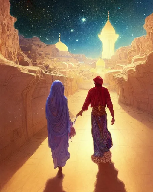 Image similar to bedouin man and woman and child in galaxy walking towards mosque surrounded by nebula, highly detailed, gold filigree, romantic storybook fantasy, soft cinematic lighting, award, disney concept art watercolor illustration by mandy jurgens and alphonse mucha and alena aenami, pastel color palette, featured on artstation