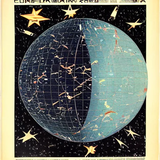 Prompt: full page scan of an intergalactic star map, 1970 movie poster, communist cuban propaganda