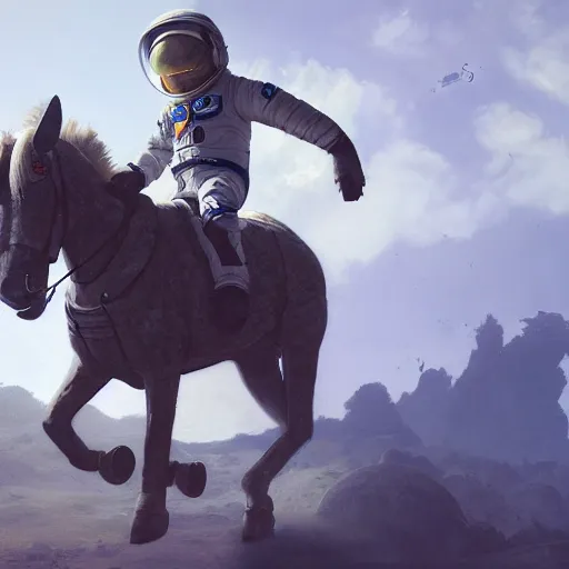 Image similar to an astronaut boy riding on a horse, style game square enix life, trending on artstation, painted by greg rutkowski, render naughty dog, octane render, detailed