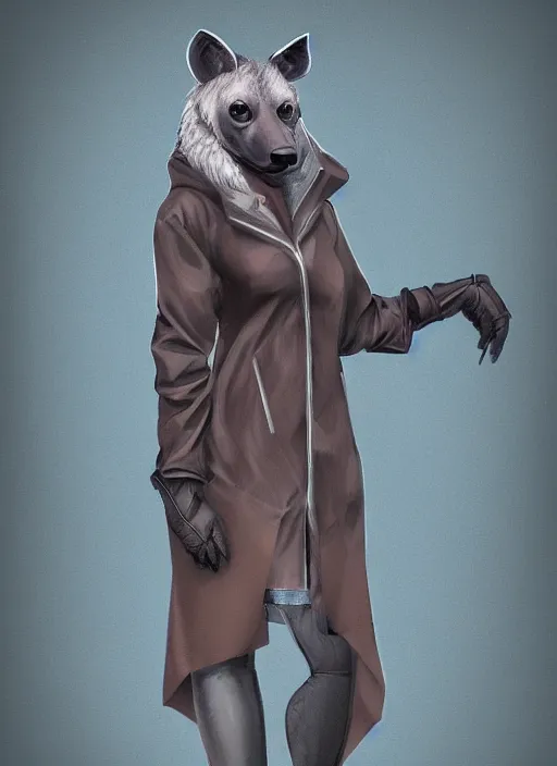 Image similar to digital artwork of anthromorphic hyena female, fursona, furry fandom, rainy cyberpunk setting, anthro, wearing large raincoat,